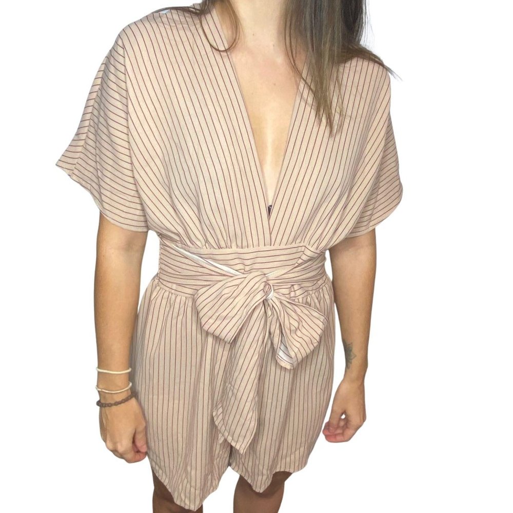 CES FEMME Tan/Maroon Striped Romper